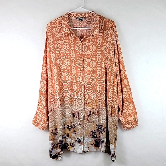 Zac&Rachel Pattern Print Button Top w Long Sleeves and tie dye Hemline Size 1X - Picture 1 of 8